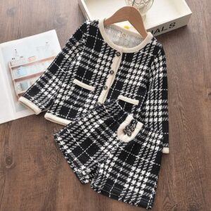 Girls Fashion Single-breasted Design Plaid Coat And Shorts Set