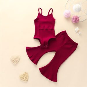 Girls Solid Color Strap Romper And Bell-bottom Pants Set