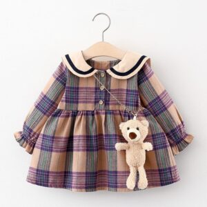 Girls Cute Lapel Plaid Pattern Dress With Little Bear