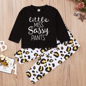 Kids Letter Printed Tops And Leopard Pattern Pants Set