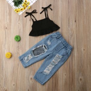 Kids Solid Color Tanks And Fishnet Stitching Jeans Set