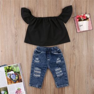 Girls Off-shoulder Black Top And Jeans With Headband Set