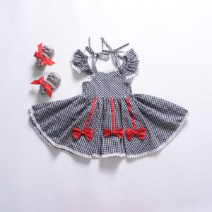 Girls Fashion Bow Decoration Lace Plaid Dress