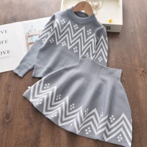 Girls Round Neck Long-sleeve Tops And Stripe Skirt Two-piece Set