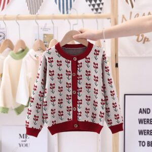 Girls Flower Pattern Single Row Button Knitwear
