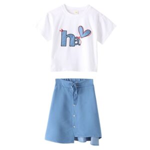 2pcs/set Girls Embroidery Tops And Bandage Design Single-breasted Skirts