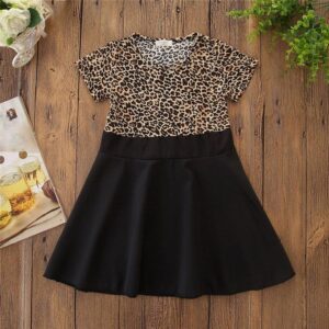 Hot Sale Girl Short Sleeves Patchwork Leopard Print Dress