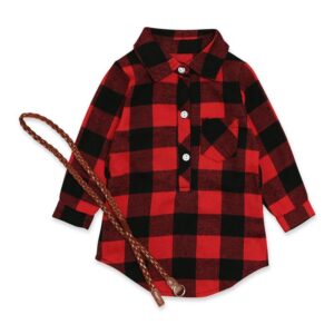 Girl Red Plaid Print Long Sleeves Blouse Dress With Belt