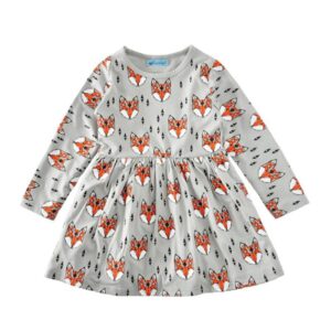 Casual Girls Fox Printed Long Sleeves Round Neck Dress