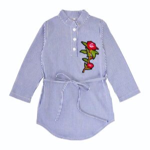 Girls Stripes Roes Flower Embroidered Lace Up Dress