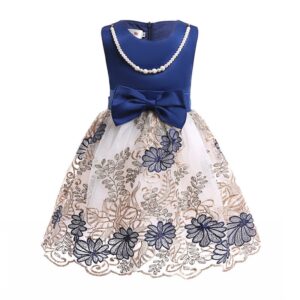 Latest Net Dress Designs White Imitation Pearl Beads Chain Sleeveless Cotton Embroidery Baby Girl Wedding Party Dress