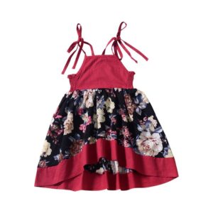 Girls Cotton Patchwork Floral Printed Spaghetti Straps Dress