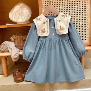 Kids Toddler Girls Casual Cute Embroidery Long Sleeve Lapel Dress