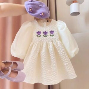 Kids Toddler Girls Casual Cute Embroidery Flower Puff Sleeve Round Neck Dress