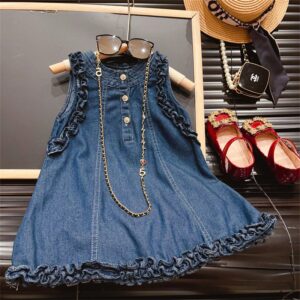 Kids Toddler Girls Casual Cute Ear Sleeveless Round Neck Denim Dress