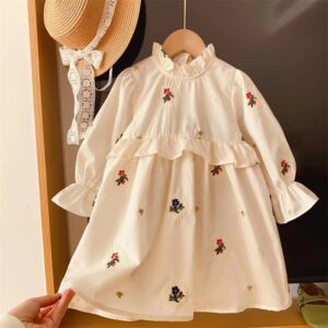 Kids Toddler Girls Casual Cute Embroidery Long Sleeve Dress