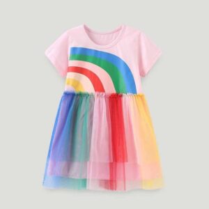 Kids Toddler Girls Casual Cute Rainbow Stripe Print Short Sleeve Round Neck Dress