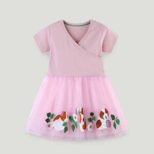 Kids Toddler Girls Cute Cartoon Print Short Sleeve V Neck Mesh Dress