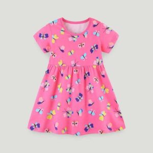 Kids Toddler Girls Cute Cartoon Butterfly Print Short Sleeve Round Neck Dress