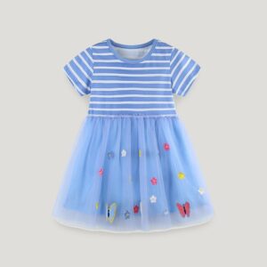 Kids Toddler Girls Cute Butterfly Stripe Print Short Sleeve Round Neck Mesh Dress