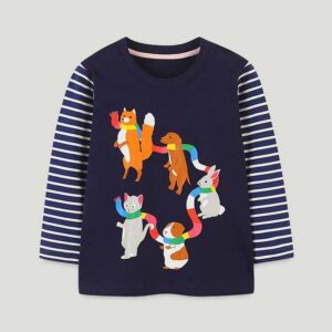 Kids Toddler Boys Girls Casual Cute Stripe Cartoon Print Long Sleeve Round Neck T-Shirt