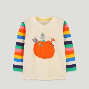 Kids Toddler Boys Girls Halloween Pumpkin Casual Cartoon Print Long Sleeve Round Neck T-Shirt