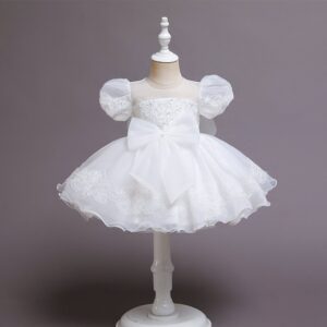 Kids Toddler Girls Bow Mesh Puff Sleeve Party Tutu Princess Dress