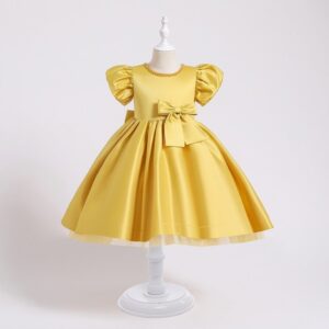 Kids Toddler Big Girls Bow Puff Sleeve Party Tutu Princess Dress