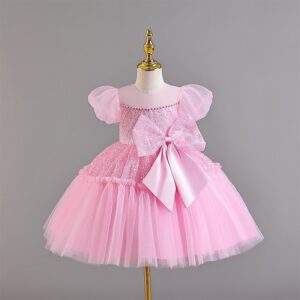 Kids Toddler Girls Sequins Bow Mesh Puff Sleeve Party Tutu Princess Dress