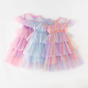 Kids Toddler Girls Cute Rainbow Mesh Fluttering Sleeve Party Tutu Princess Dress
