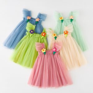 Kids Toddler Girls Cute Solid Color Mesh Fluttering Sleeve Party Tutu Princess Dress