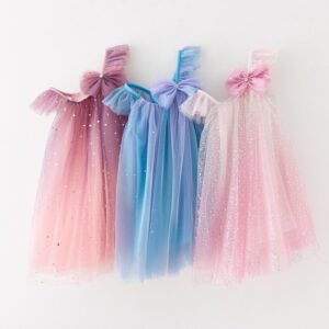 Kids Toddler Girls Cute Gradient Color Mesh Fluttering Sleeve Party Tutu Princess Dress