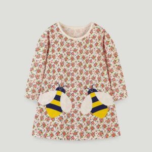 Kids Toddler Girls Summer Casual Cute Tiny Flower Bee Pattern Long Sleeve Round Neck Dress