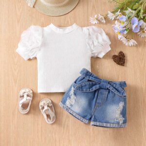Kids Toddler Girls Casual Cute Solid Color Puff Sleeve Round Neck Top Denim Shorts Set