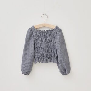 Girls Fashion Plaid Square Collar Puff Sleeve Long Sleeve Shirt