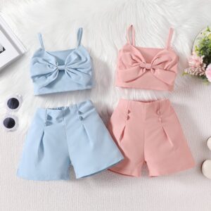 Kids Toddler Girls Casual Cute Solid Color Bow Sleeveless Camisole Shorts Set