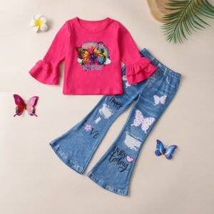 Fashion Toddler Girls Kids Ruffled Flare Long-Sleeved Butterfly T-Shirt Imitation Denim Flared Pants Set Two-Piece