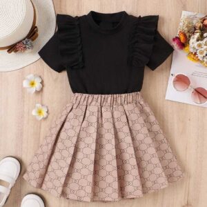 Kids Toddler Girls Casual Cute Bow Print Short Sleeve Round Neck Top Tennis Skirt Set
