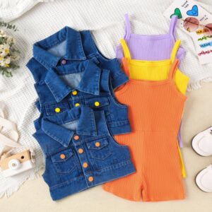 Summer Fashion Kids Toddler Girls Sling Rompers Denim Coat Vest Set