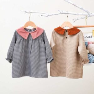 Kids Toddler Girls Casual Cute Playid Print Long Sleeve Peter Pan Collar Dress