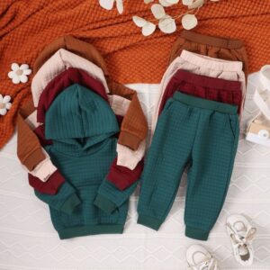 Casual Basic Kids Toddler Boys Girls Bubble Plaid Solid Color Hoodie And Sweatpants Set