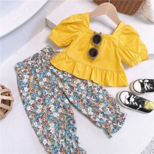 Kids Girls Pastoral Square Neck Puff Sleeve Top And Floral Elastic Waist Pants Set