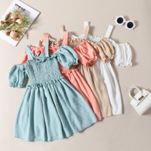 Kids Toddler Big Girls Summer Casual Cute Solid Color Puff Sleeve Boat Neck Dress