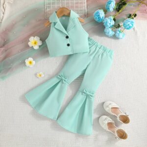 Kids Toddler Girls Summer Casual Cute Solid Color Sleeveless Lapel Vest Flare Trousers Set