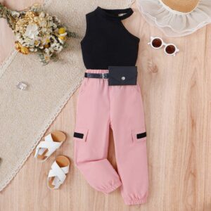 Kids Toddler Girls Summer Leisure Sports Sleeveless One-Shoulder Top Cargo Pants Set