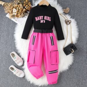 Kids Toddler Girls Spring Autumn Casual Sports Letters Print Long Sleeve Round Neck T-Shirt Cargo Pants Set