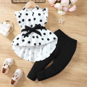 Kids Toddler Girls Summer Casual Cute Polka Dot Print Fluttering Sleeve Stand Collar Dress Trousers Set