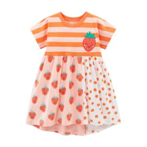 Kids Toddler Girls Casual Cute Stripe Strawberry Print Short Sleeve Round Neck Dress