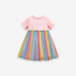 Kids Toddler Girls Casual Cute Polka Dot Print Short Sleeve Round Neck Rainbow Mesh Dress