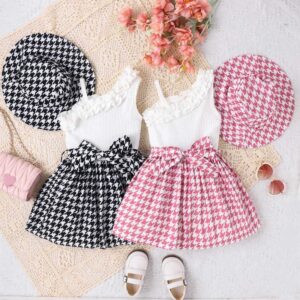 Kids Toddler Girls Casual Cute Patchwork Houndstooth Print Oblique Shoulder Dress